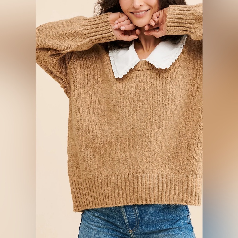Free People Brookside Oversized Deep V-Neck Camel Knit Slouchy Tunic Sweater
